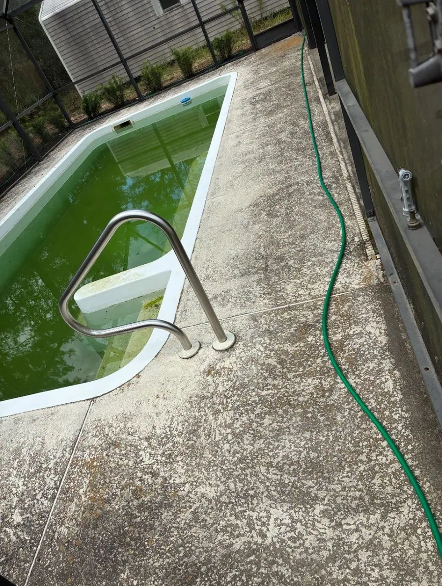 The same pool cage before: green water, stained deck and dirty screens